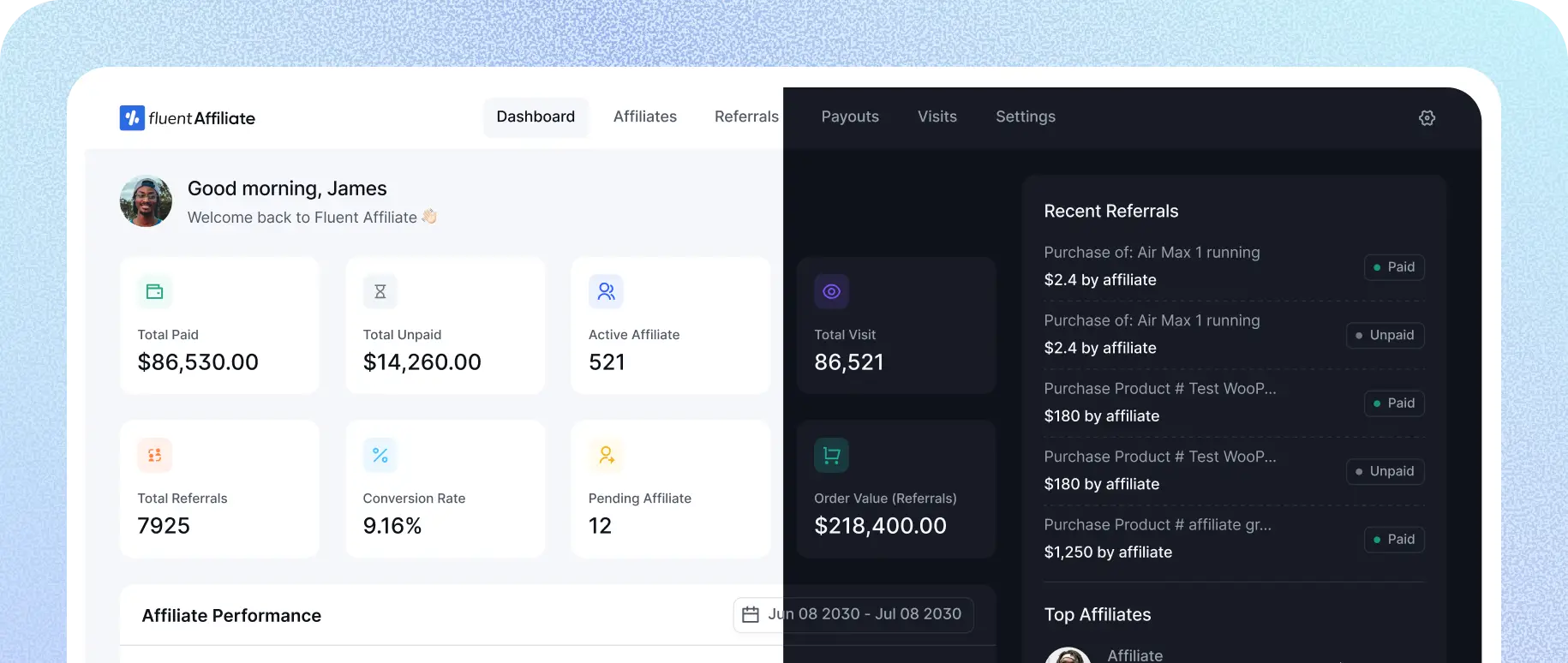 Light mode and dark mode of FluentAffiliate
