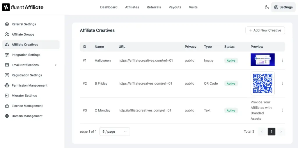 Affiliate Creatives feature of FluentAffiliate