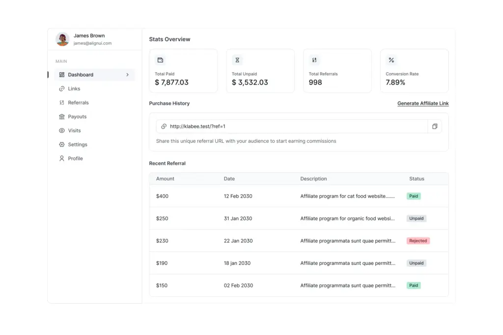 Affiliate dashboard of FluentAffiliate