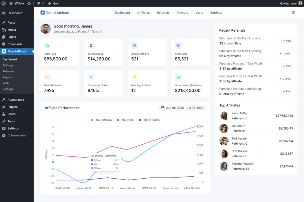 FluentAffiliate dashboard