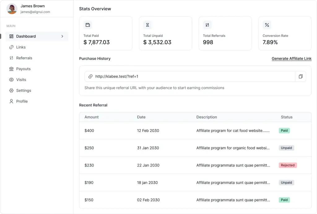 Affiliate Portal Dashboard of FluentAffiliate