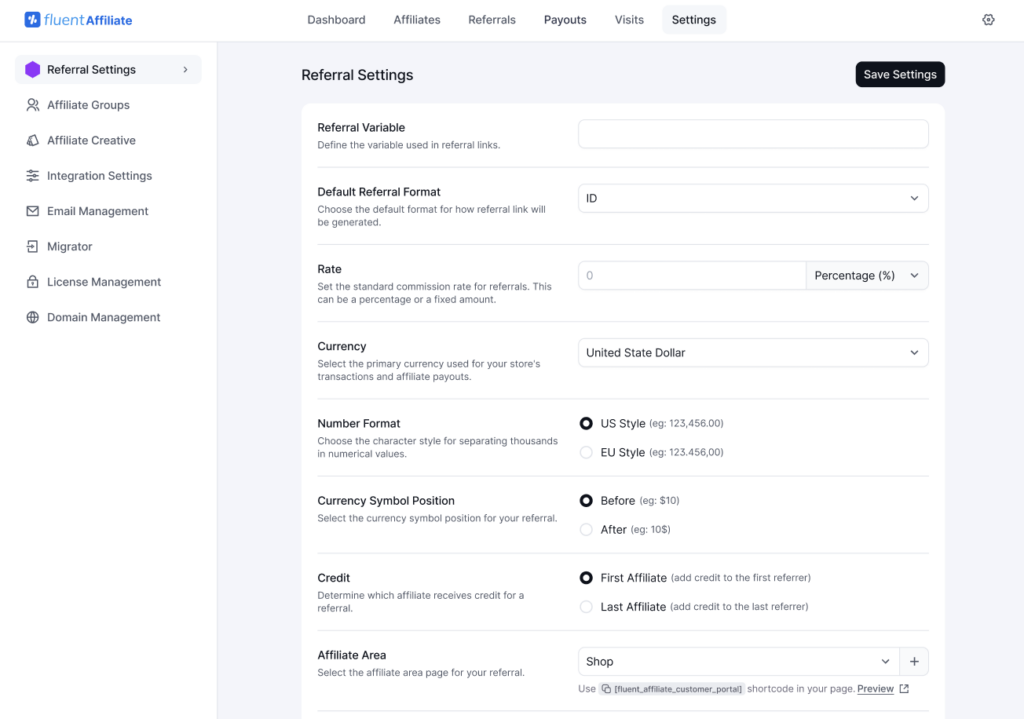 Referral Settings of FluentAffiliate