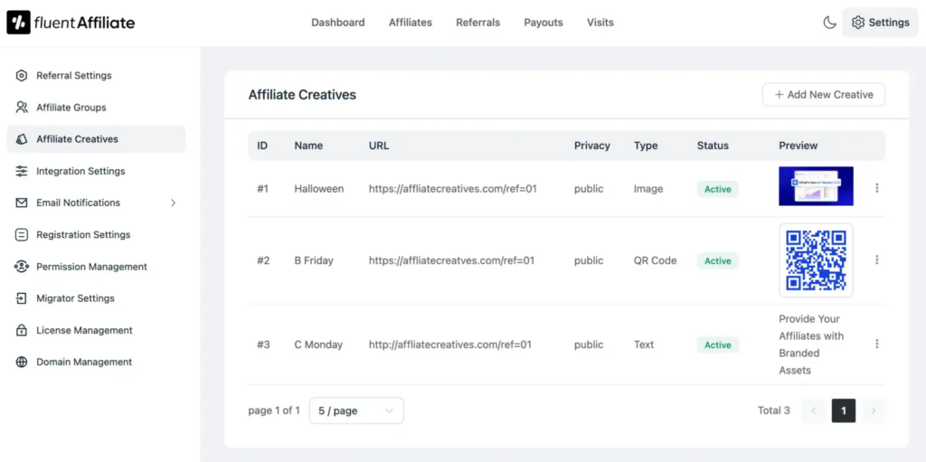 Manage affiliate creatives