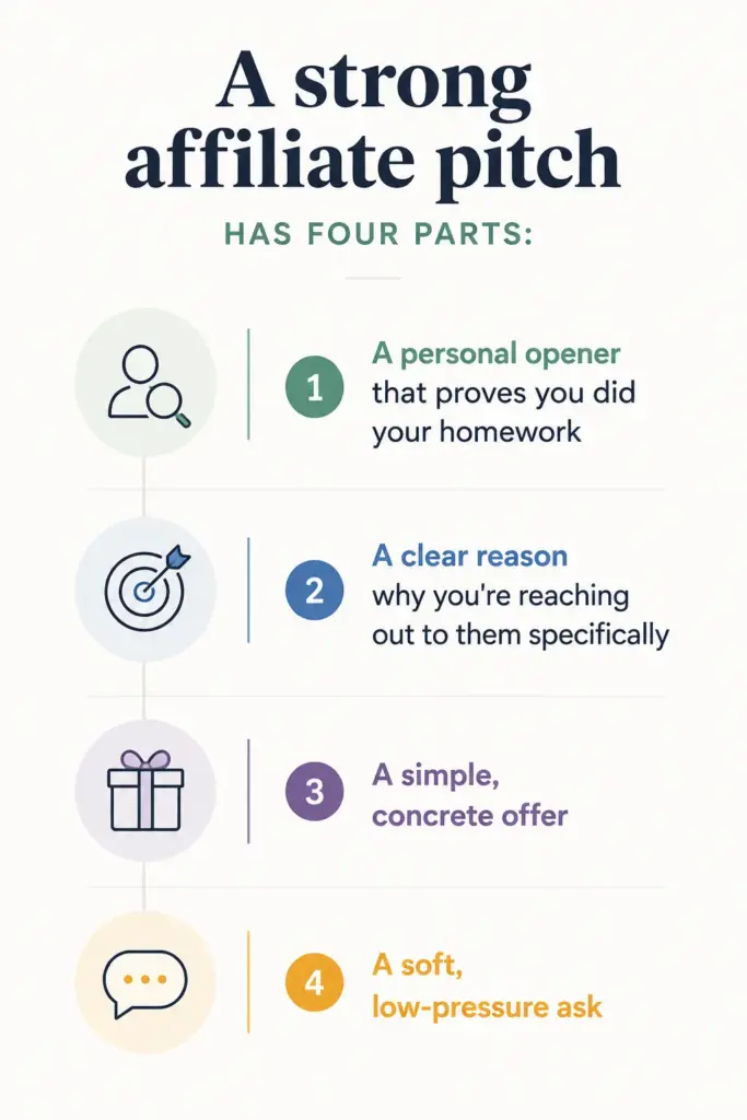 a strong affiliate outreach pitch has four parts