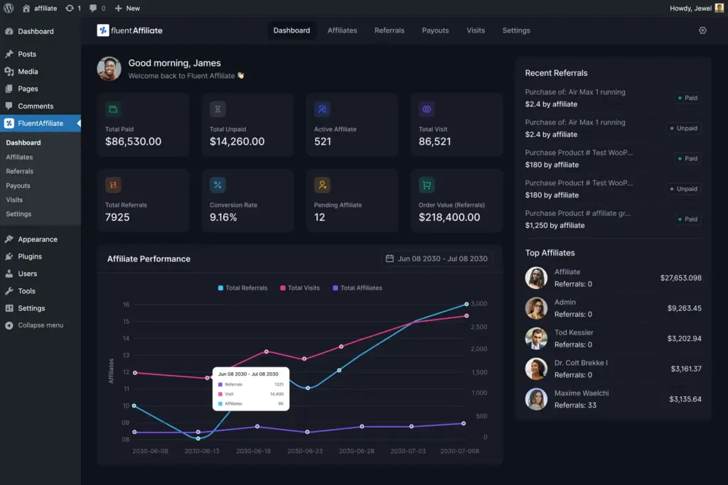 fluentaffiliate dark admin dashboard
