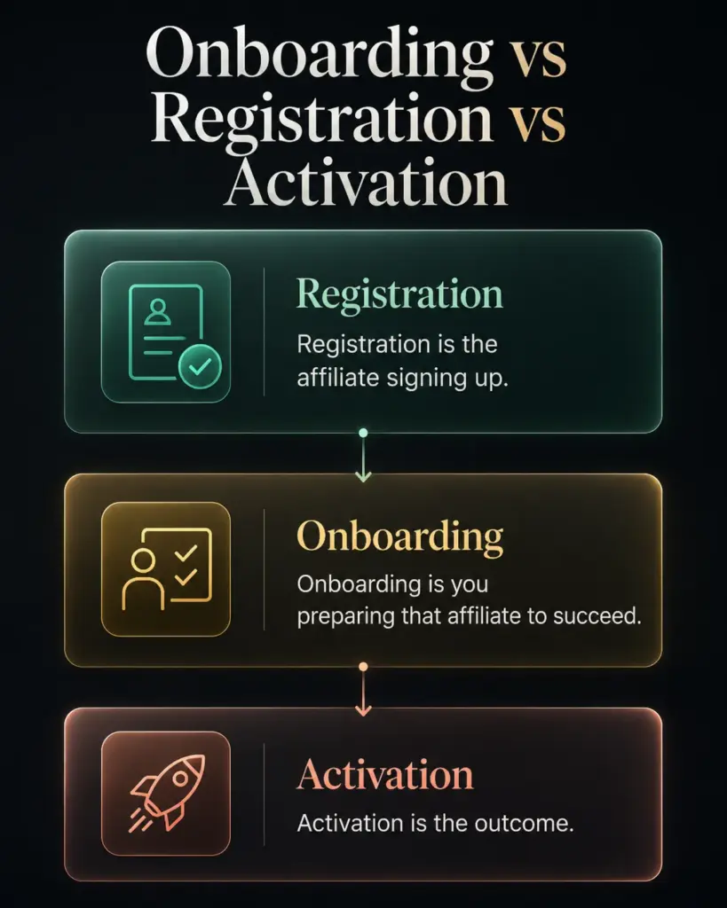 affiliate onboarding vs registration vs activation