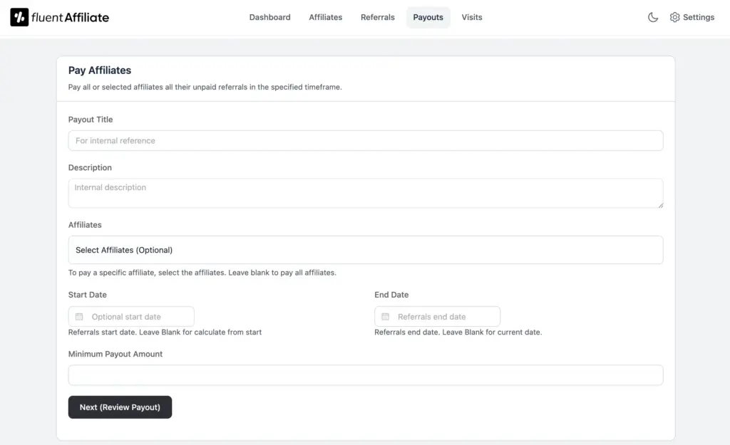 fluentaffiliate payout management