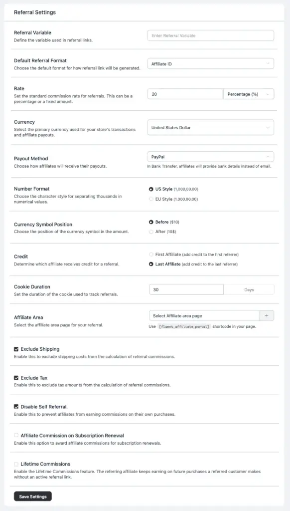 referral settings of fluentaffiliate