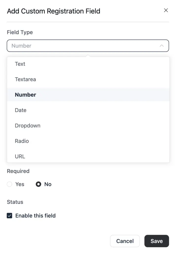 Registration settings showing the custom field builder with a field list, and a modal for adding a new field with type, label, placeholder and options