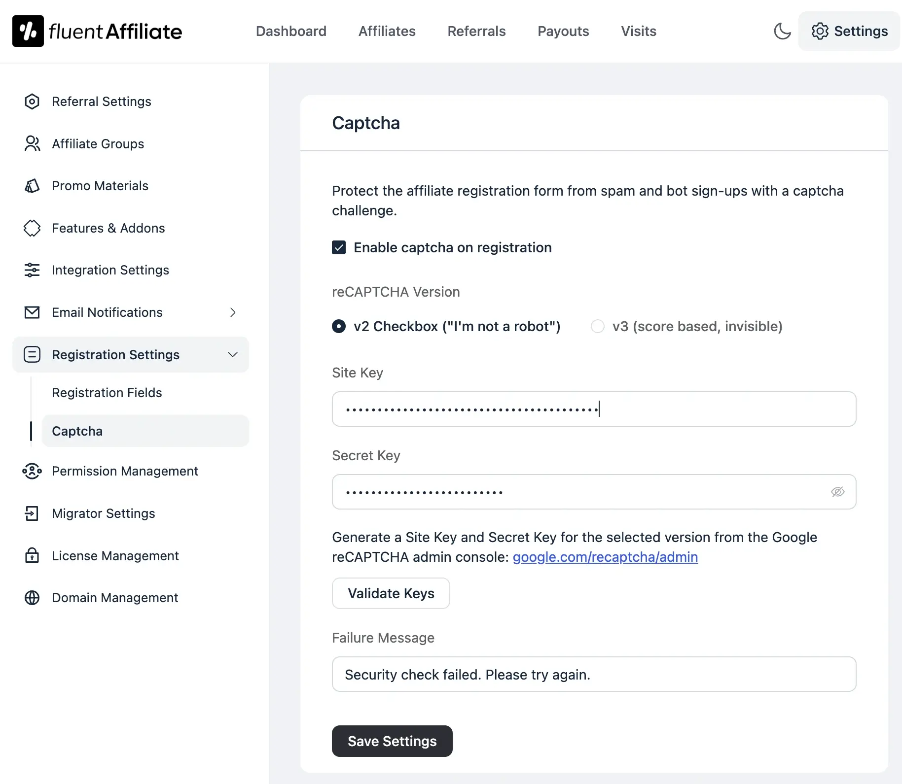 FluentAffiliate captcha settings screen with a provider selector, reCAPTCHA site and secret key fields, and a Validate Keys button