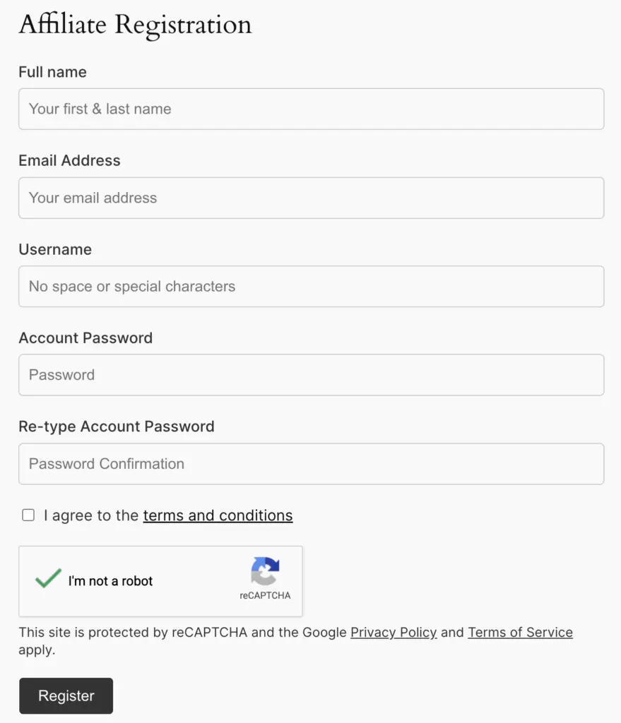 FluentAffiliate registration screen with reCAPTCHA button