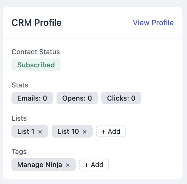 Affiliate detail sidebar showing the FluentCRM profile card with editable tags and lists