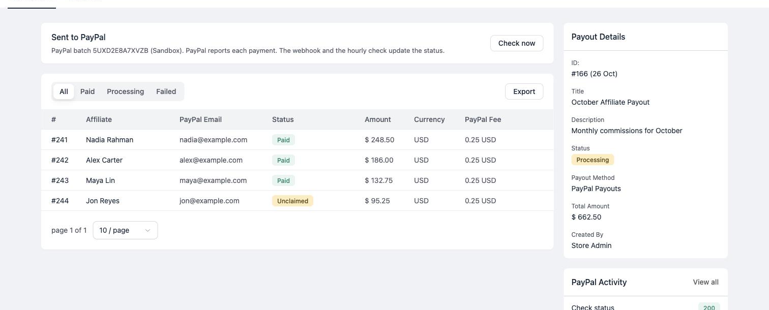 FluentAffiliate payout page with the Send via PayPal button, the PayPal batch status, and each affiliate's PayPal email, payment status, and PayPal fee