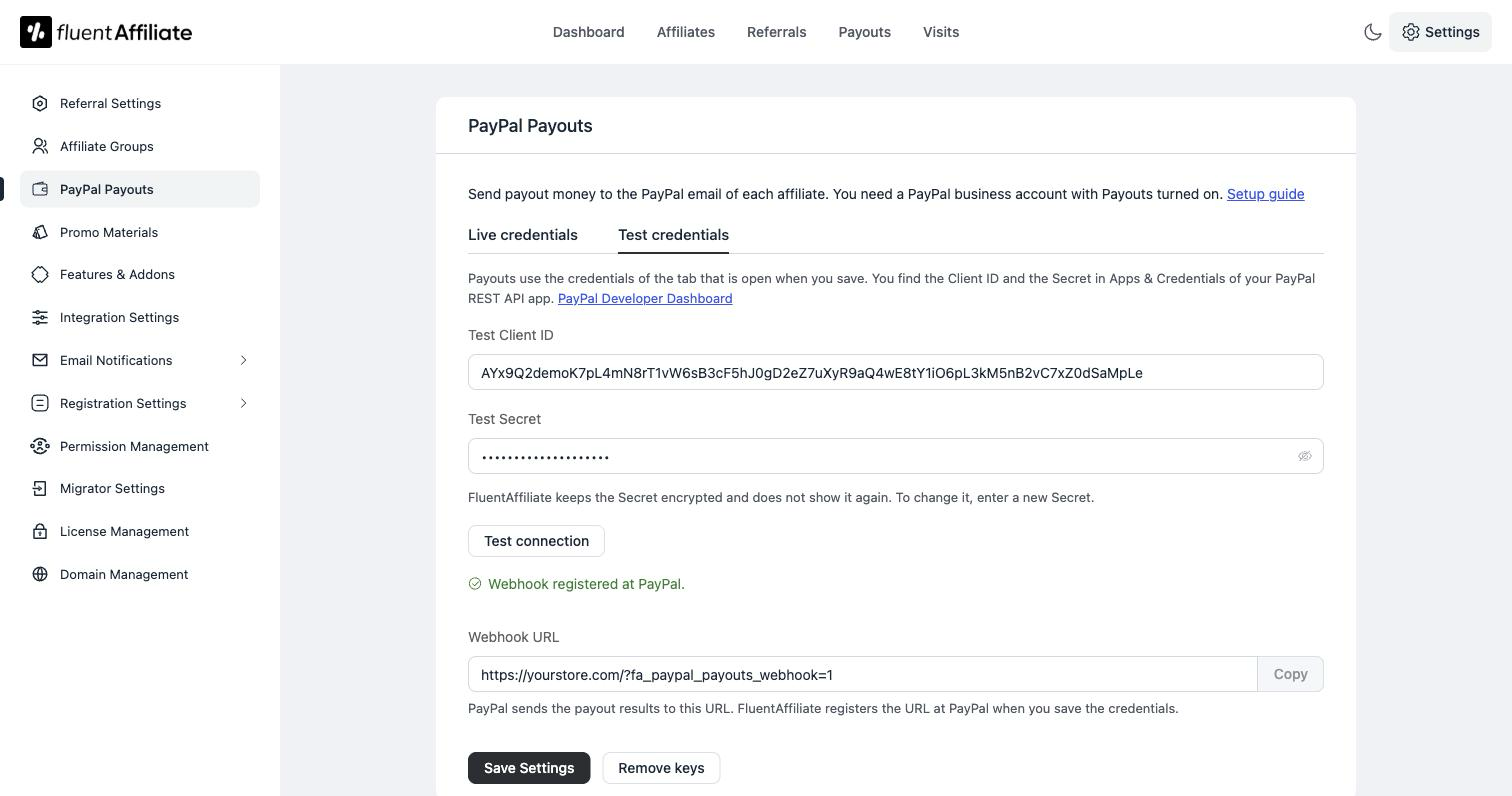 PayPal Payouts settings screen with Sandbox and Live tabs for the PayPal Client ID and Secret