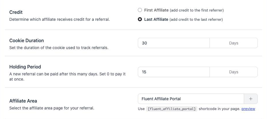 Referral Settings with the Holding Period field set in days, and a referral list showing an On hold until date