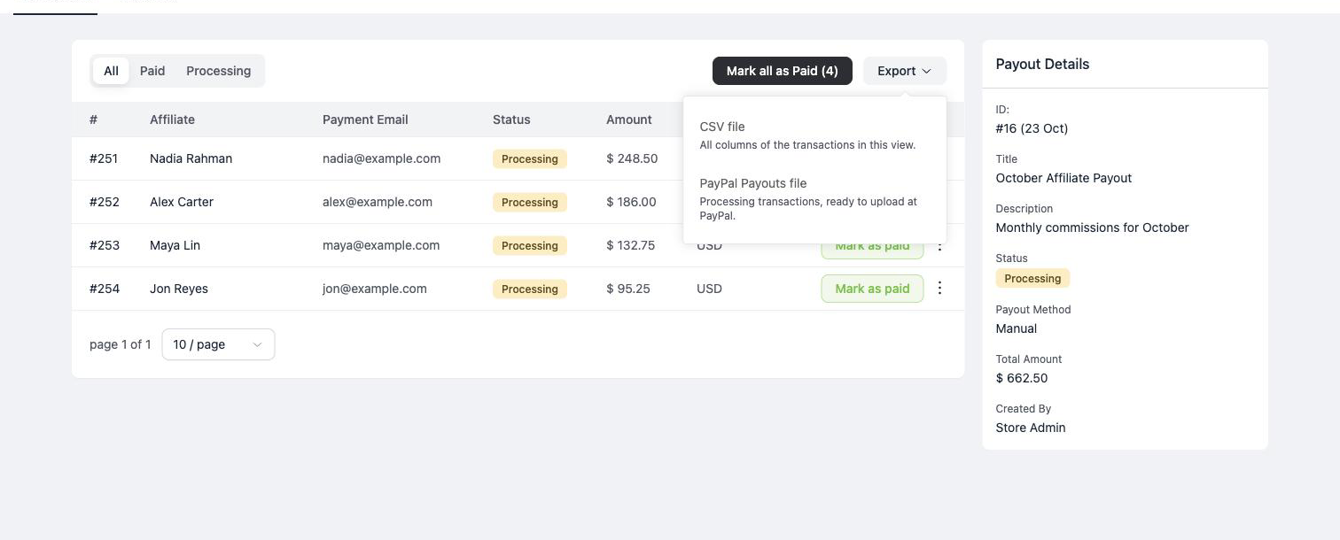 The Export menu on a payout, with the options CSV file and PayPal Payouts file