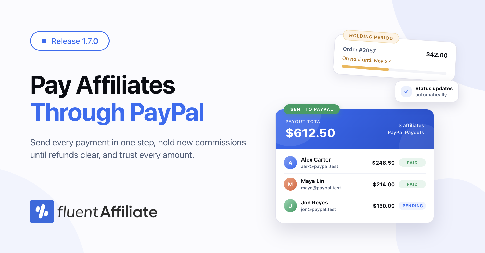 FluentAffiliate 1.7.0 release banner — "Pay Affiliates Through PayPal", with a PayPal payout card showing payments marked as paid